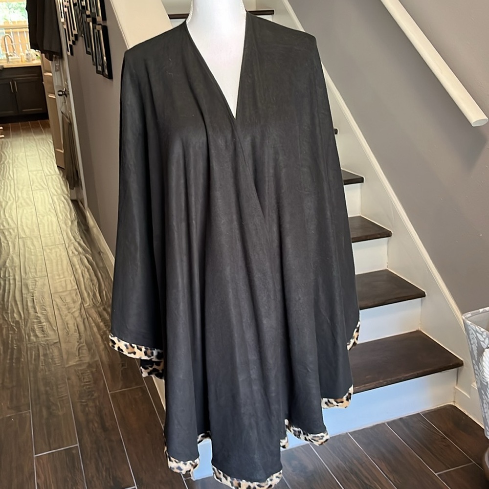 A.Brod Fashion Accessories Black Cape with faux Leopard Print trim.